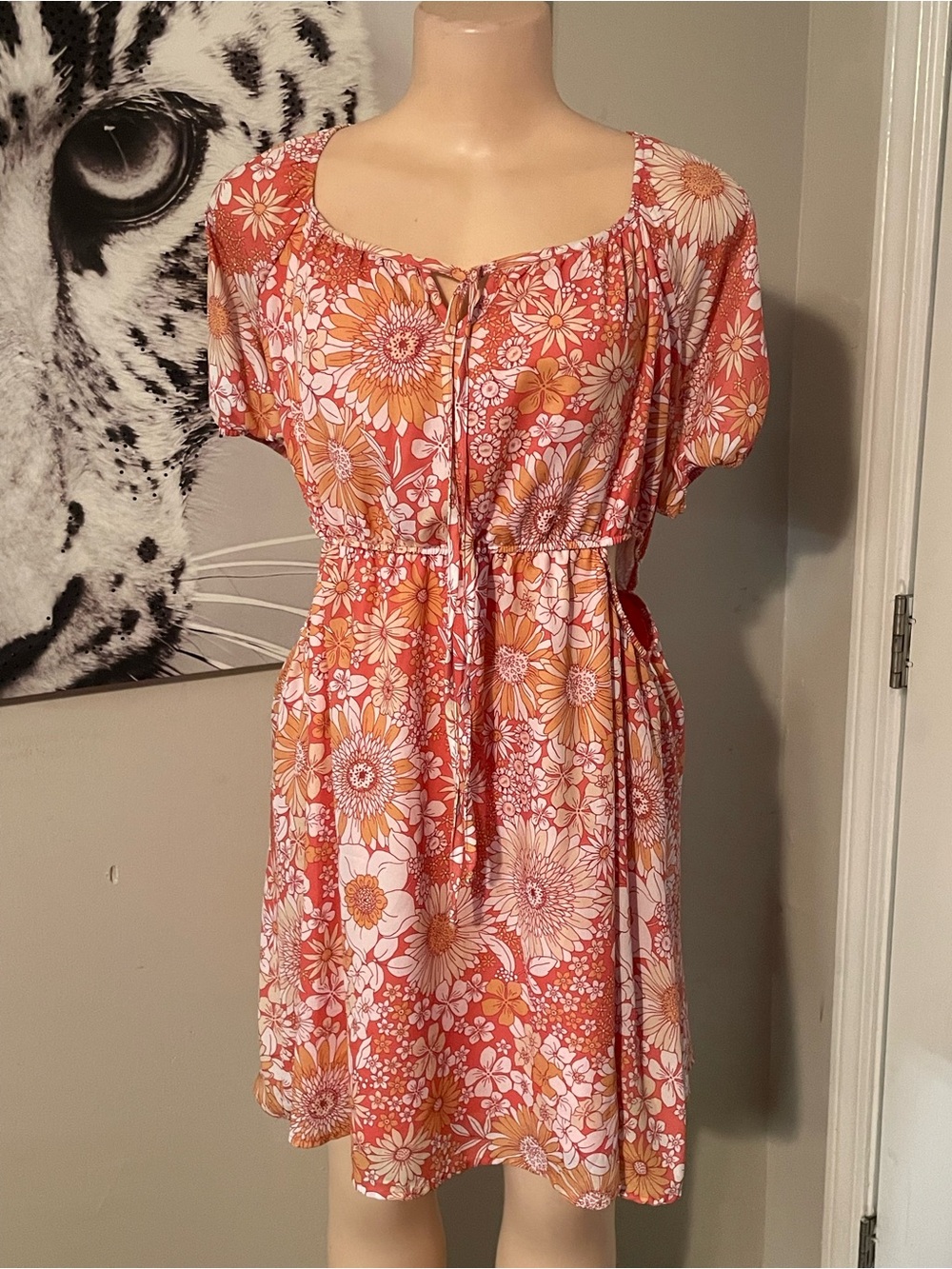 Big water blue sky Floral boho Waisted Mini Dress in Coral Peach country Puff L